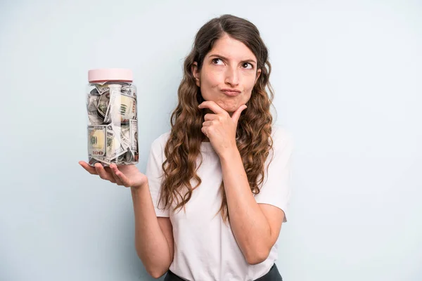 Pretty Young Adult Woman Dollar Banknotes Bottle Savings Concept — Stockfoto