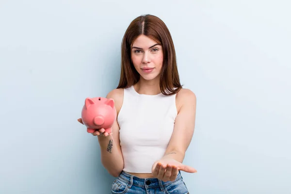 Young Adult Pretty Woman Piggy Bank — Stockfoto