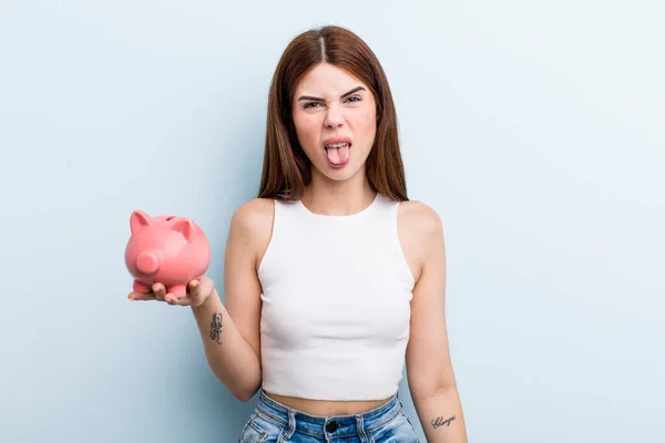 Young Adult Pretty Woman Piggy Bank — Stock fotografie