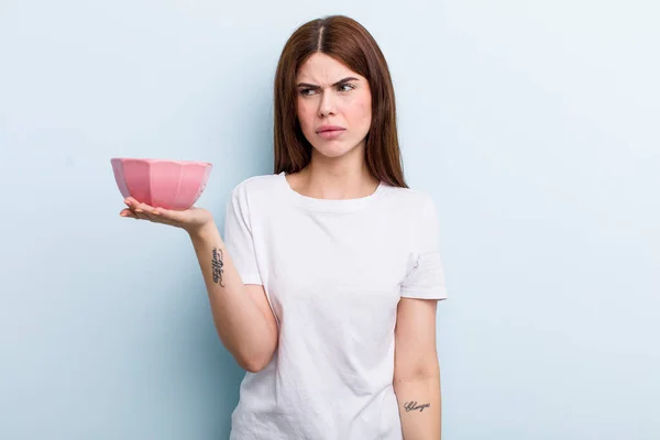 Young Adult Pretty Woman Empty Bowl Copy Space — Stockfoto