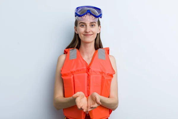 young adult pretty woman wearing life jacket. boat concept