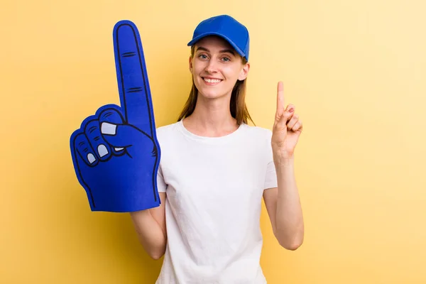 Young Adult Pretty Woman Number One Hand Fan Concept — Stock Photo, Image