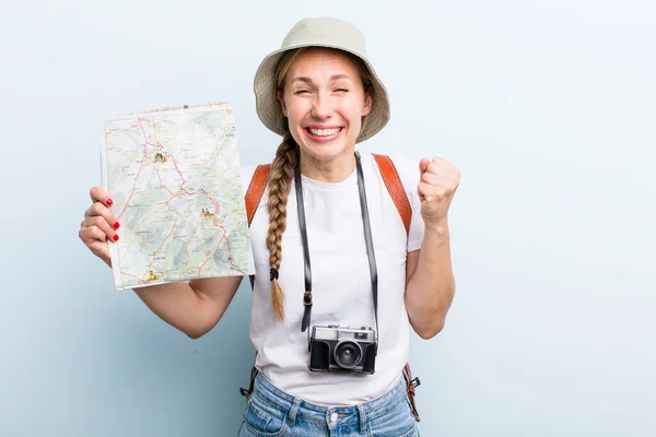 Young Adult Blonde Woman Tourist Map Concept — 스톡 사진