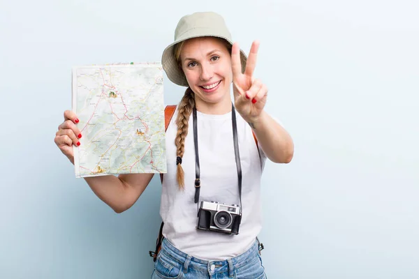Young Adult Blonde Woman Tourist Map Concept — 스톡 사진