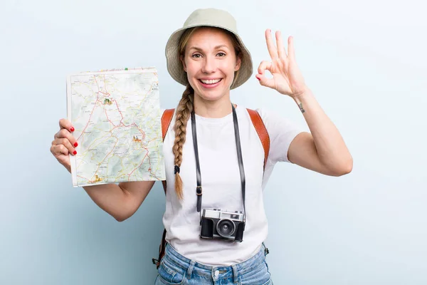 Young Adult Blonde Woman Tourist Map Concept — Photo