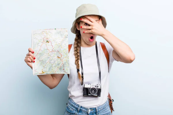 Young Adult Blonde Woman Tourist Map Concept — Photo