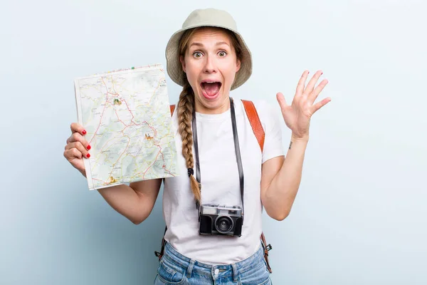 Young Adult Blonde Woman Tourist Map Concept — 스톡 사진