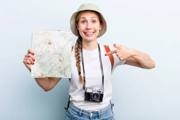 Young Adult Blonde Woman Tourist Map Concept — Photo