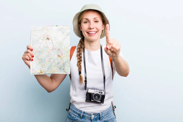 Young Adult Blonde Woman Tourist Map Concept — Fotografia de Stock