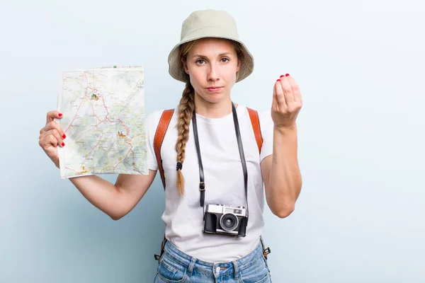 Young Adult Blonde Woman Tourist Map Concept — Stok fotoğraf