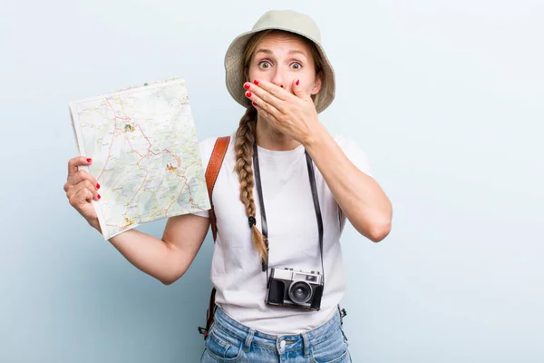 Young Adult Blonde Woman Tourist Map Concept — Zdjęcie stockowe