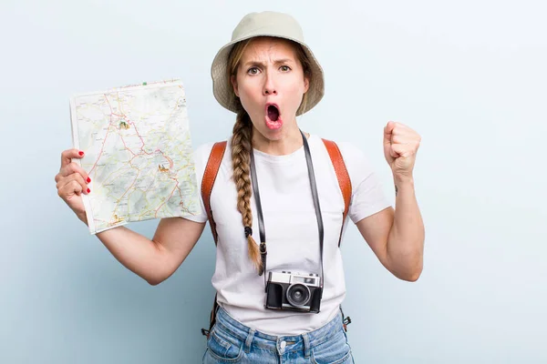 Young Adult Blonde Woman Tourist Map Concept — Stockfoto