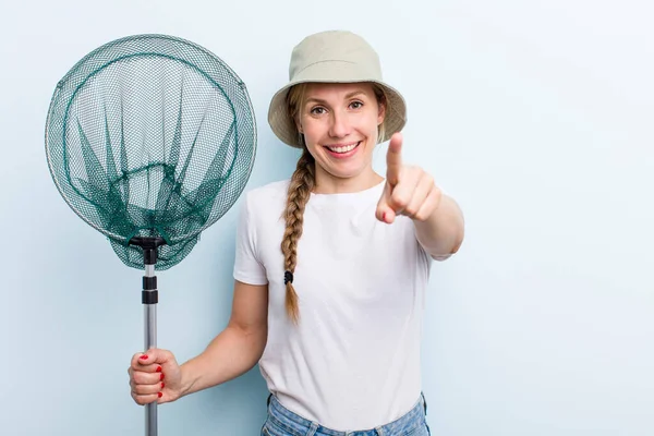 Young Adult Blonde Woman Fisher Net Summer Concept — Stockfoto