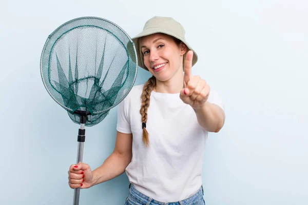 Young Adult Blonde Woman Fisher Net Summer Concept — Stockfoto