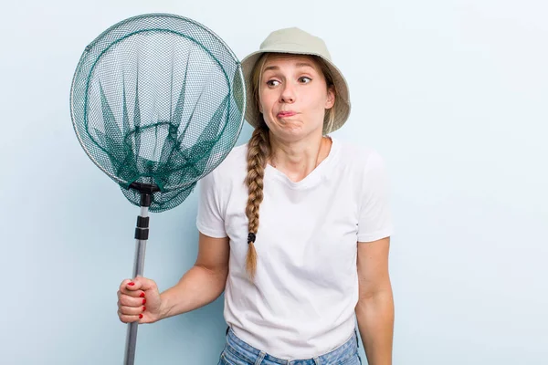 Young Adult Blonde Woman Fisher Net Summer Concept — Stockfoto