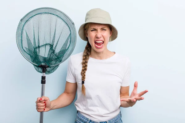 Young Adult Blonde Woman Fisher Net Summer Concept — Stockfoto