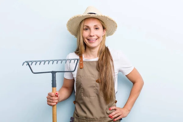 Young Adult Blonde Woman Farmer Rake — Stockfoto