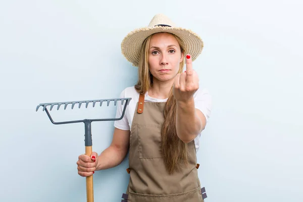 Young Adult Blonde Woman Farmer Rake — Photo