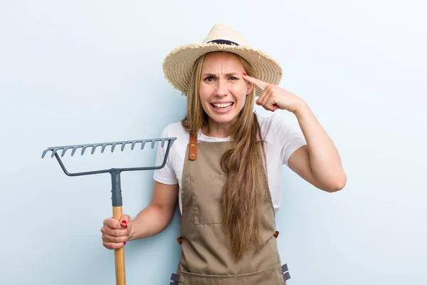 Young Adult Blonde Woman Farmer Rake — Stockfoto