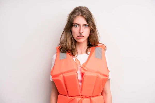 Teenager Girl Life Jacket Boat Concept — Stok fotoğraf