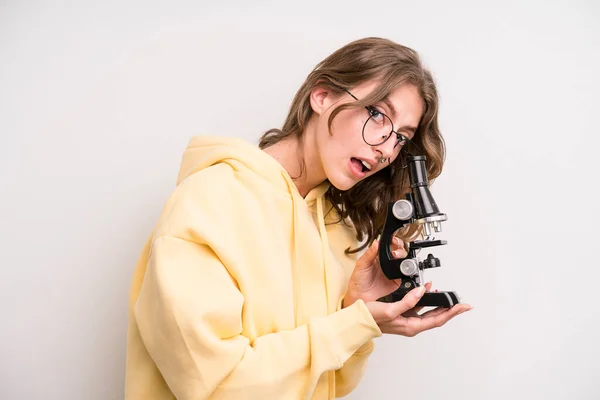 Teenager Girl Scientist Student Microscope — Stockfoto