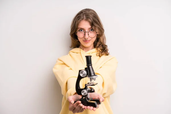 Teenager Girl Scientist Student Microscope — Stockfoto