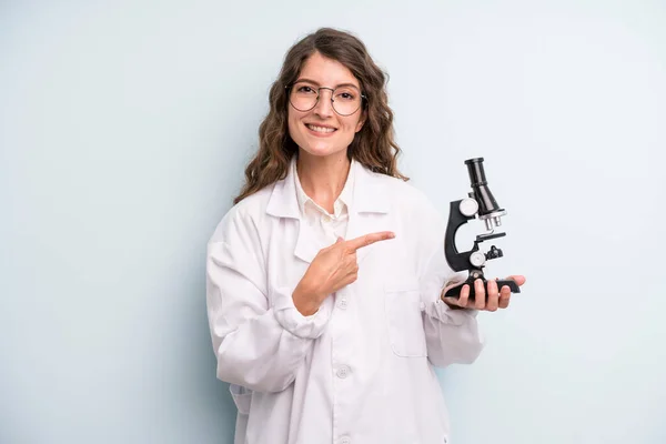 Young Adult Pretty Woman Scientist Student Microscope — Foto de Stock