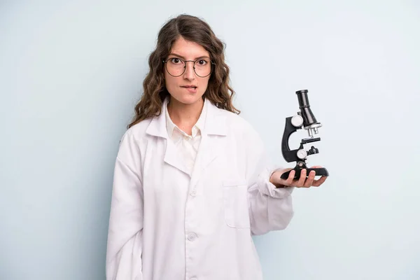 Young Adult Pretty Woman Scientist Student Microscope — Fotografia de Stock