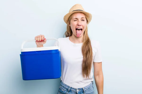 Pretty Blonde Young Adult Woman Portable Fridge Summer Picnic — Stock Photo, Image