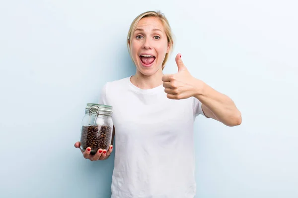 Pretty Blonde Young Adult Woman Coffee Beans Concept — Stockfoto