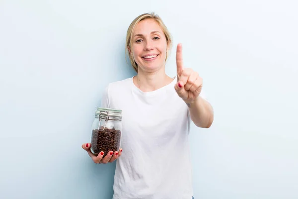 Pretty Blonde Young Adult Woman Coffee Beans Concept — Stockfoto