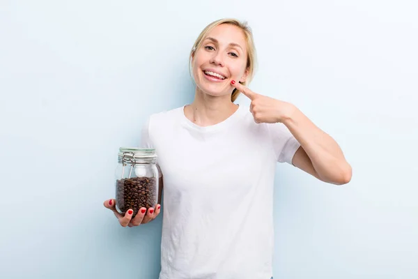 Pretty Blonde Young Adult Woman Coffee Beans Concept — Stockfoto