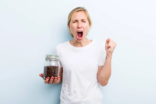 Pretty Blonde Young Adult Woman Coffee Beans Concept — Stock Photo, Image