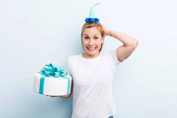 Pretty Blonde Young Adult Woman Birthday Cake Concept — Stockfoto