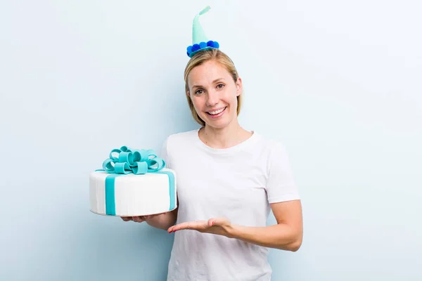 Pretty Blonde Young Adult Woman Birthday Cake Concept — Fotografia de Stock