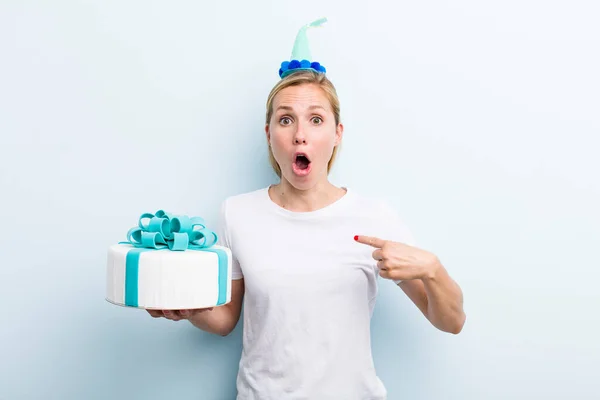 Pretty Blonde Young Adult Woman Birthday Cake Concept — Stockfoto