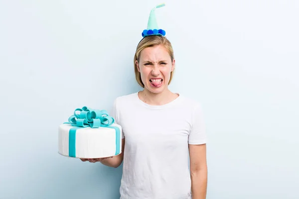 Pretty Blonde Young Adult Woman Birthday Cake Concept — Stockfoto