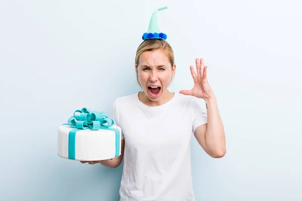 Pretty Blonde Young Adult Woman Birthday Cake Concept — Stockfoto