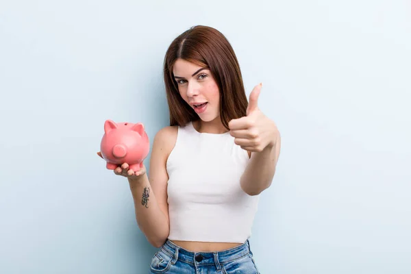 Young Adult Pretty Woman Piggy Bank Savings Concept — Foto de Stock