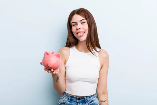 Young Adult Pretty Woman Piggy Bank Savings Concept — Zdjęcie stockowe