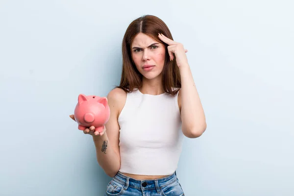 Young Adult Pretty Woman Piggy Bank Savings Concept — Stok fotoğraf