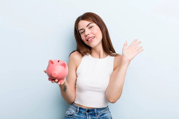 Young Adult Pretty Woman Piggy Bank Savings Concept — Foto de Stock