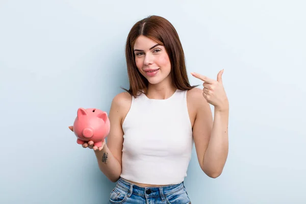Young Adult Pretty Woman Piggy Bank Savings Concept — Stock fotografie