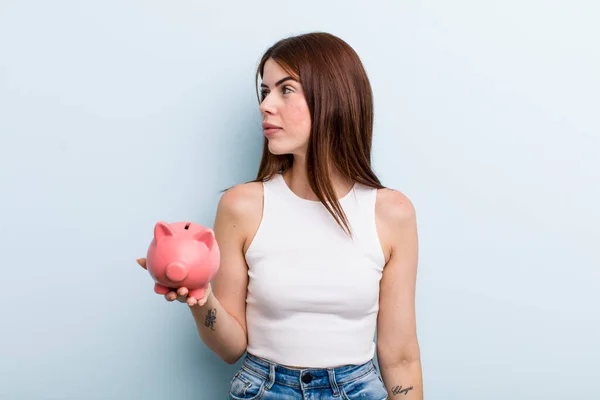 Young Adult Pretty Woman Piggy Bank Savings Concept — Foto de Stock