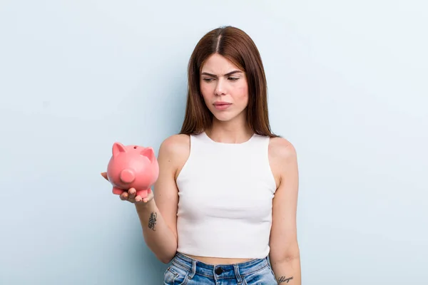 Young Adult Pretty Woman Piggy Bank Savings Concept — 스톡 사진