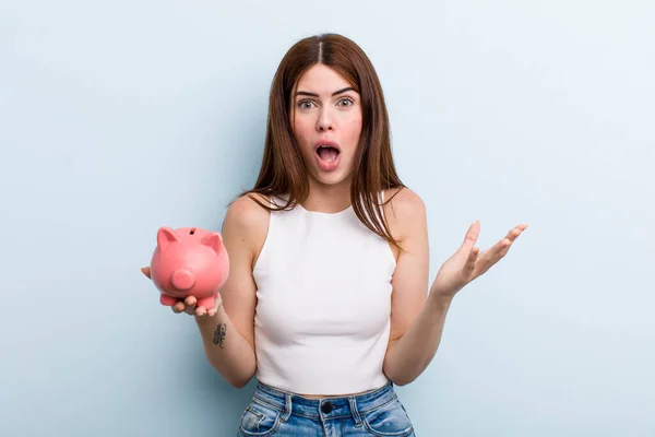 Young Adult Pretty Woman Piggy Bank Savings Concept — Foto Stock
