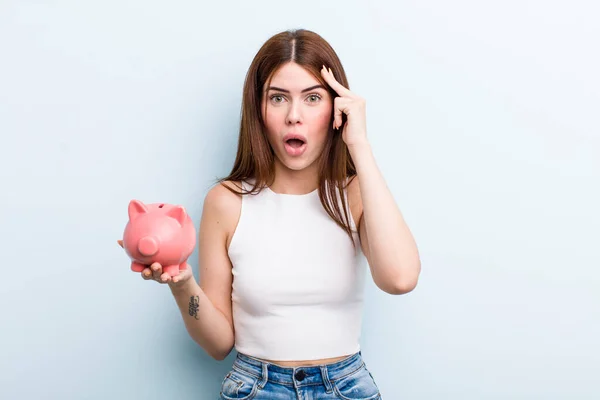 Young Adult Pretty Woman Piggy Bank Savings Concept — Stock fotografie