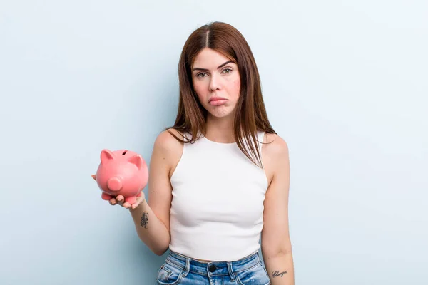 Young Adult Pretty Woman Piggy Bank Savings Concept — Stock fotografie