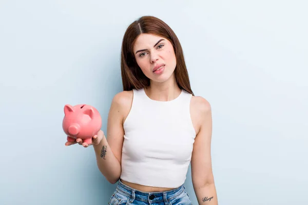 Young Adult Pretty Woman Piggy Bank Savings Concept — Stockfoto