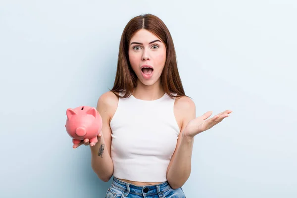 Young Adult Pretty Woman Piggy Bank Savings Concept — ストック写真